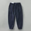 Mens Casual Loose Linen Cotton Pants Elastic Waist Full Length Solid