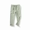 Mens Linen Casual Loose Elastic Waist Full-Length Pants Multi-Color