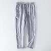 Mens Linen Casual Loose Elastic Waist Full-Length Pants Multi-Color