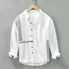 Mens Linen Patchwork Long Sleeve Turn-Down Collar Button-Up Casual Shirts