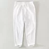 Mens Cotton Linen Ankle-Length Casual Straight Pants Elastic Waist Loose Plus Size