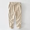Mens Cotton Linen Casual Straight Pants Elastic Waist Loose Fit Plus Size