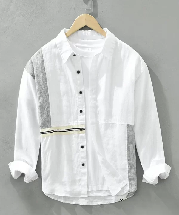 Mens Linen Patchwork Long Sleeve Turn-Down Collar Button-Up Casual Shirts