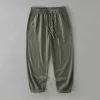 Mens Linen Cotton Loose Straight Pants Elastic Waist Breathable Casual Full Length