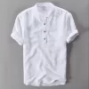 Mens Casual Short Sleeve Cotton Linen Loose Pullover Mandarin Collar Solid Shirt
