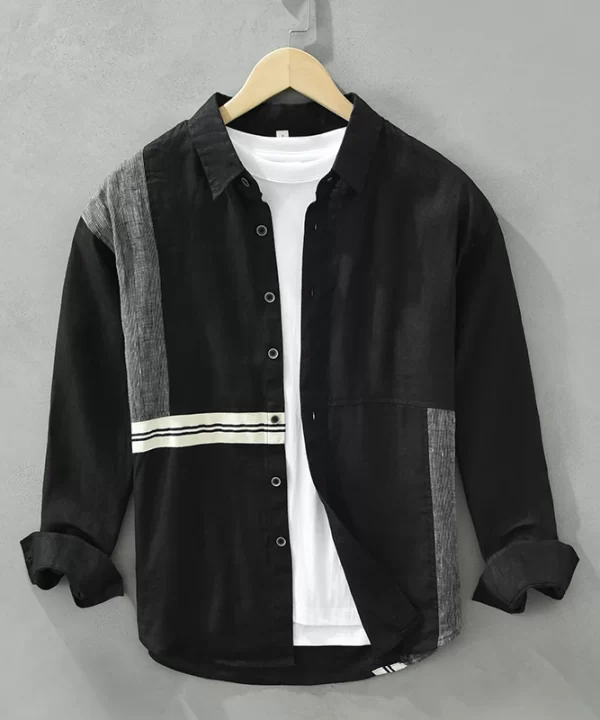 Mens Linen Patchwork Long Sleeve Turn-Down Collar Button-Up Casual Shirts