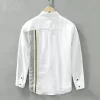 Mens Linen Patchwork Long Sleeve Turn-Down Collar Button-Up Casual Shirts