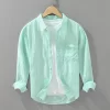 Mens Linen Green Blue Striped Oversize Casual Long Sleeve Shirt