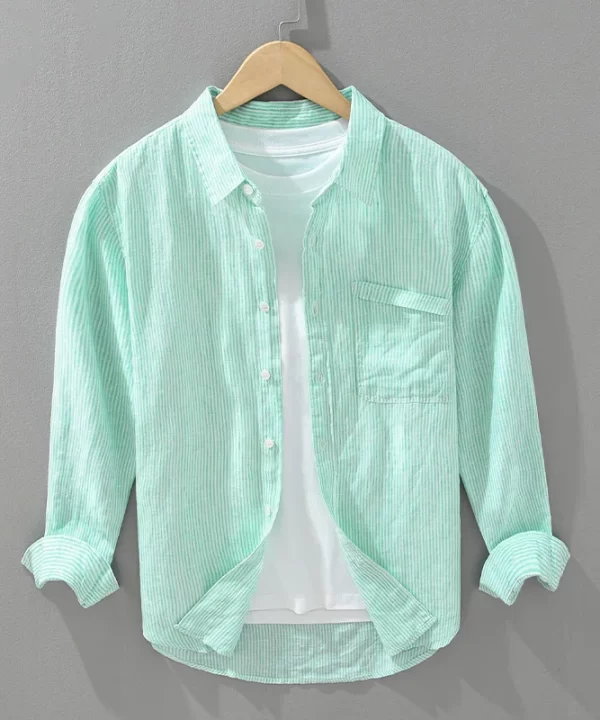 Mens Linen Green Blue Striped Oversize Casual Long Sleeve Shirt