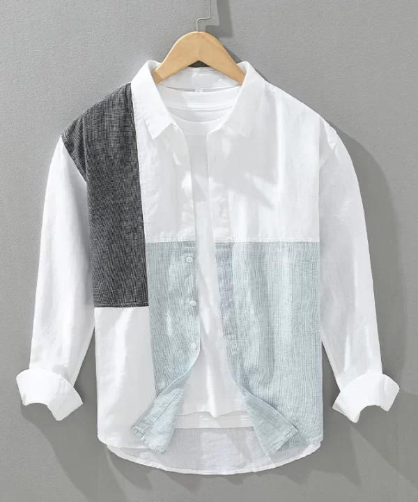 Mens Linen Loose Patchwork Long Sleeve Casual Shirt Spring Autumn