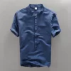 Mens Casual Short Sleeve Cotton Linen Loose Pullover Mandarin Collar Solid Shirt