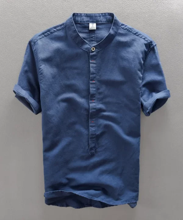 Mens Casual Short Sleeve Cotton Linen Loose Pullover Mandarin Collar Solid Shirt