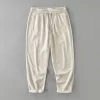 Mens Linen Cotton Loose Straight Pants Elastic Waist Breathable Casual Full Length