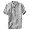 Mens Casual Short Sleeve Cotton Linen Loose Pullover Mandarin Collar Solid Shirt