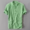 Mens Casual Short Sleeve Cotton Linen Loose Pullover Mandarin Collar Solid Shirt