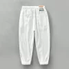 Mens Casual Loose Linen Cotton Pants Elastic Waist Full Length Solid