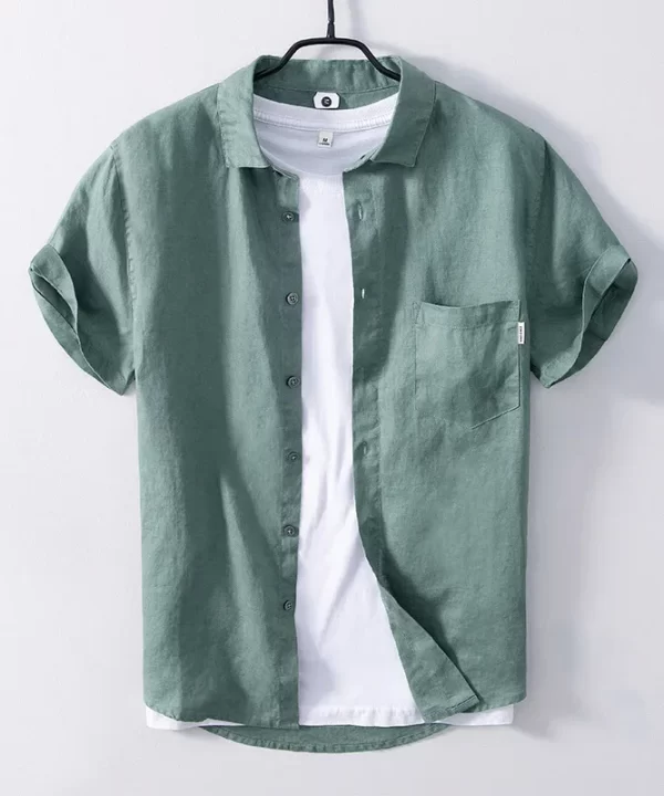 Mens Linen Short Sleeve Casual Shirt Summer TurnDown Collar Solid Pocket