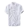 Mens Casual Short Sleeve Cotton Linen Loose Pullover Mandarin Collar Solid Shirt