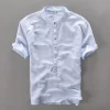 Mens Casual Short Sleeve Cotton Linen Loose Pullover Mandarin Collar Solid Shirt