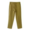 Mens Yellow Linen Loose Casual Pants Elastic Waist Full Length Lightweight