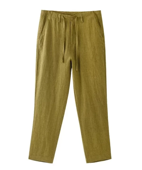Mens Yellow Linen Loose Casual Pants Elastic Waist Full Length Lightweight