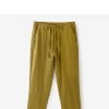 Mens Yellow Linen Loose Casual Pants Elastic Waist Full Length Lightweight