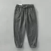 Mens Casual Loose Linen Cotton Pants Elastic Waist Full Length Solid