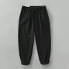 Mens Casual Loose Linen Cotton Pants Elastic Waist Full Length Solid