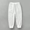 Mens Casual Loose Linen Cotton Pants Elastic Waist Full Length Solid