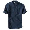 Mens Casual Short Sleeve Cotton Linen Loose Pullover Mandarin Collar Solid Shirt