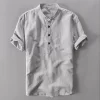 Mens Casual Short Sleeve Cotton Linen Loose Pullover Mandarin Collar Solid Shirt