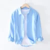 Mens Pure Linen Long Sleeve Casual Turn Down Collar Shirts