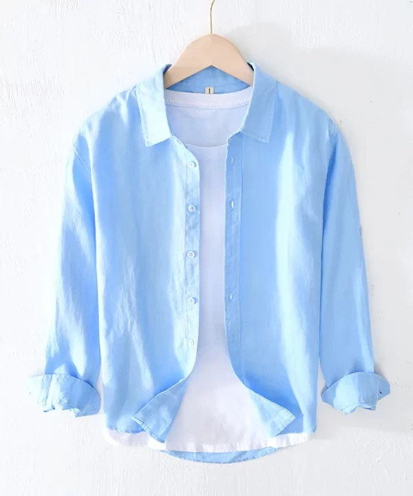 Mens Pure Linen Long Sleeve Casual Turn Down Collar Shirts