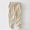 Mens Cotton Linen Casual Straight Pants Elastic Waist Loose Fit Plus Size