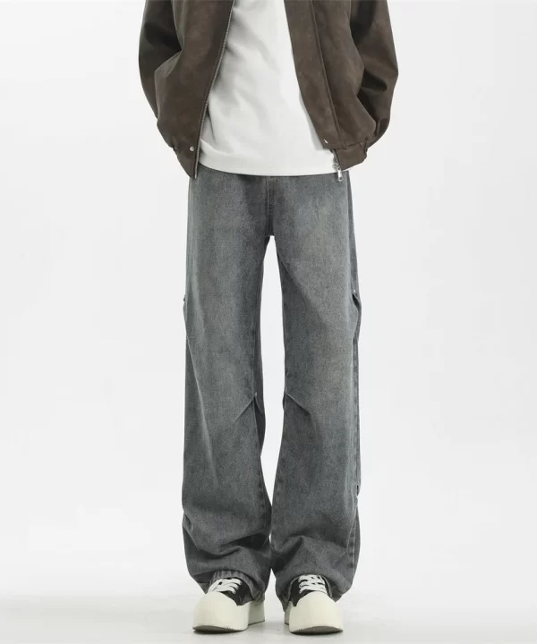 Mens Mid Waist Loose Fit Wide Leg Jeans Four Seasons