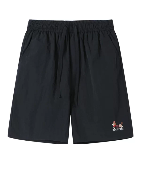 Mens Puppy Embroidery Ice Silk Shorts Loose Knee Length Elastic Waist