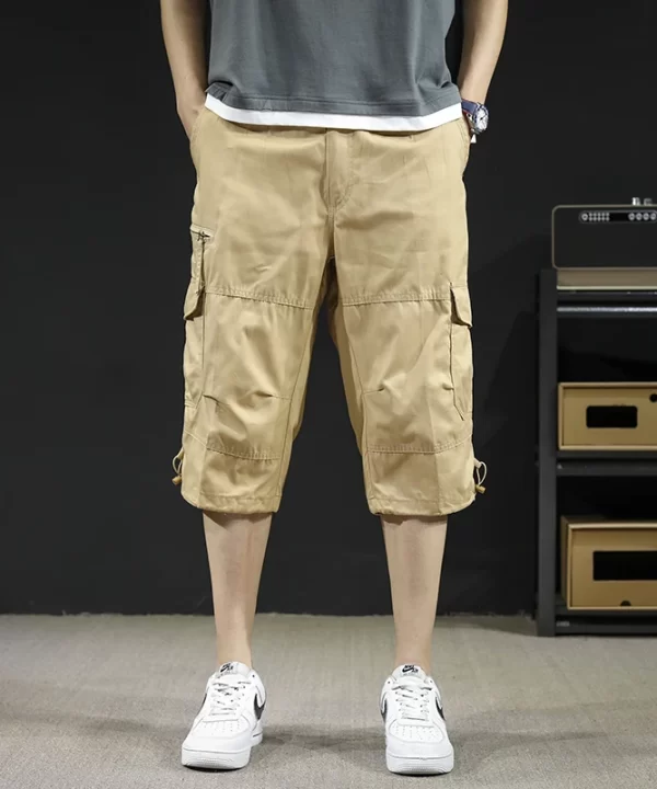 Mens Cotton Cargo Shorts Elastic Waist Multiple Pockets Loose Fit
