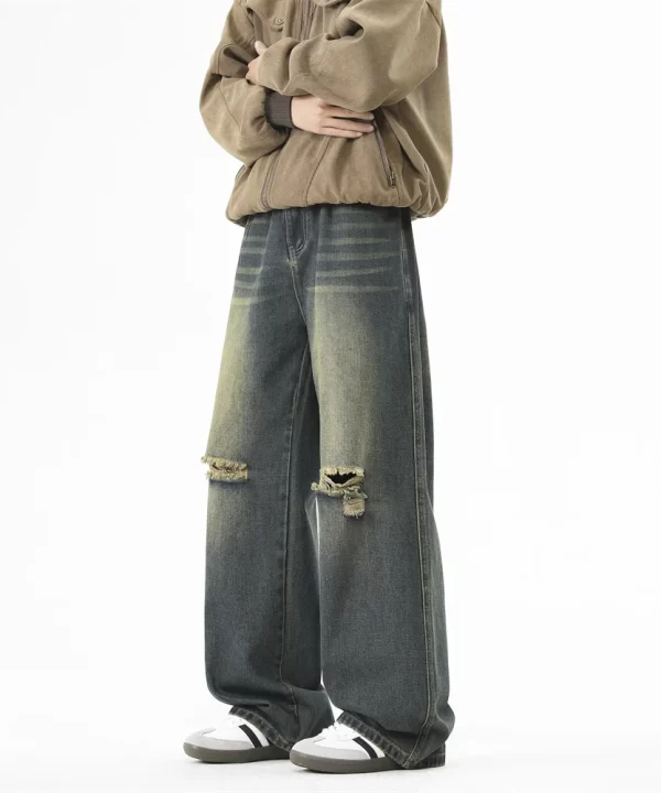 Mens High Street Vintage Washed Distressed Mid Rise Straight Leg Jeans
