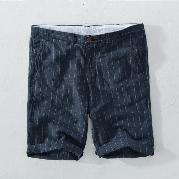 Mens Linen Cotton Striped Board Shorts Casual Summer Four Seasons