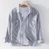 Mens Italian Beige Striped Long Sleeve Shirt Cotton Linen Breathable