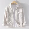 Mens Italian Beige Striped Long Sleeve Shirt Cotton Linen Breathable