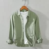 Cotton Mens Long Sleeve Army Green Casual Pocket Shirt Trendy Daily