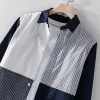 Mens Cotton Patchwork Casual Long Sleeve Shirt Office