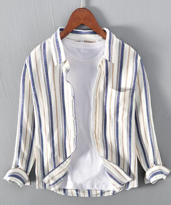 Mens Trendy Striped Long Sleeve Casual Shirt Linen Cotton Blend Four Seasons