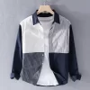 Mens Cotton Patchwork Casual Long Sleeve Shirt Office