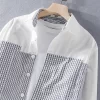 Mens Cotton Plaid Stitch Casual Shirt Full Sleeve Turn-Down Collar Office All-Season