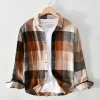 Mens Italian Style Plaid Long Sleeve Casual Cotton Linen Shirt
