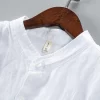 Mens Linen White Casual Stand Collar Three Quarter Sleeve Shirt