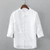 Mens Linen White Casual Stand Collar Three Quarter Sleeve Shirt
