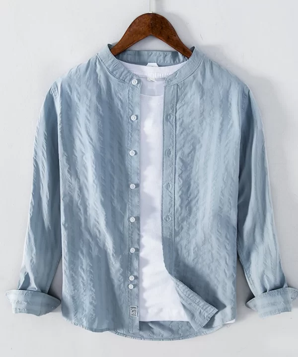 Mens Retro Striped Cotton Long Sleeve Stand Collar Casual Shirt